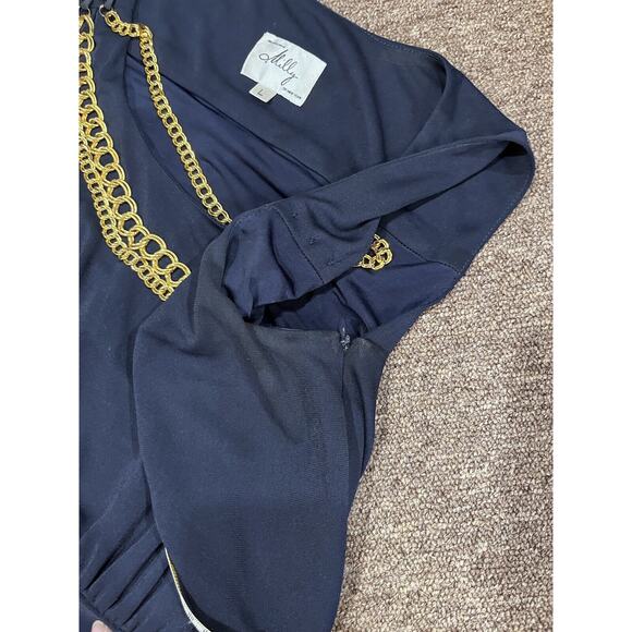 Milly Navy Gold Tone Knit Layered Chain Embellished‎ Scoop Neck Sheath Dress Lg - Picture 12 of 13